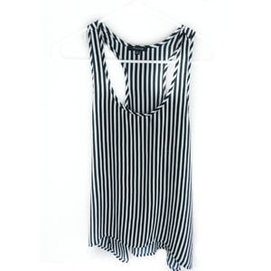 Vertical striped blue and white top high low hem